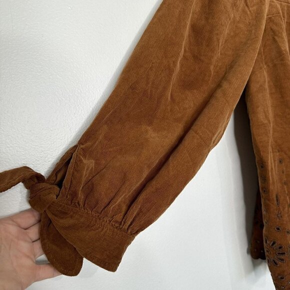 Madewell Embroidered Eyelet Ribbed Corduroy Tie-Sleeve Top in Warm Coffee Sz S - Picture 5 of 11